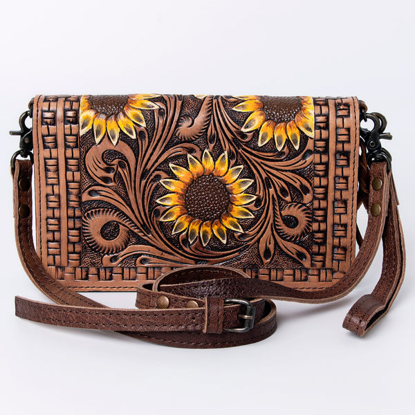 ADBG485 Western Hand Tooled Leather Floral Crossbody Organiser Bag