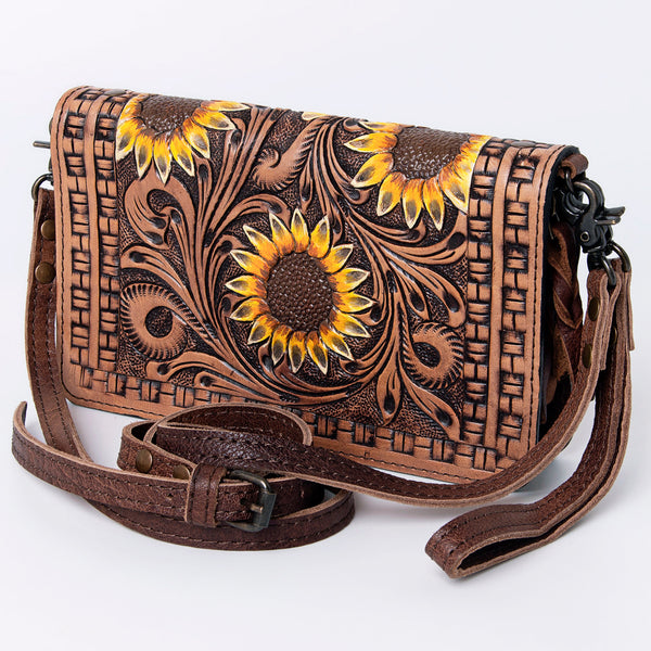 ADBG485 Western Hand Tooled Leather Floral Crossbody Organiser Bag
