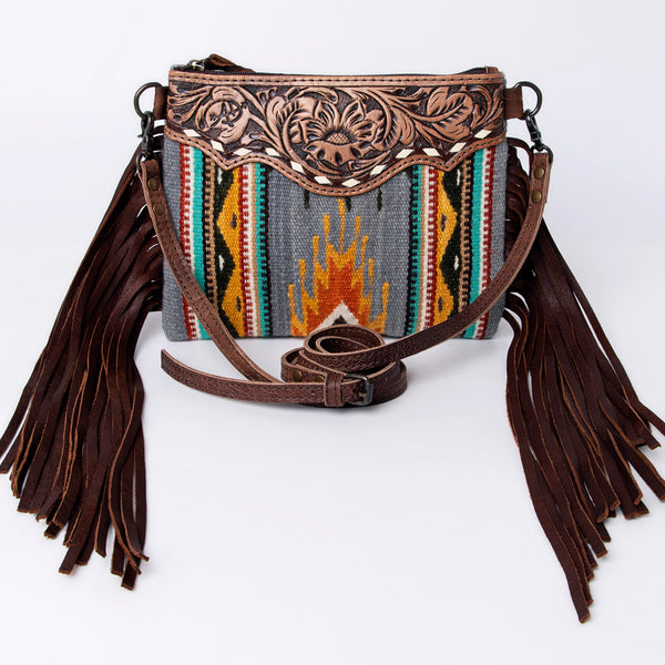 ADBG236 American Darling Hand-Tooled Floral Cross body Bag with Woven Saddle Blanket & Fringes