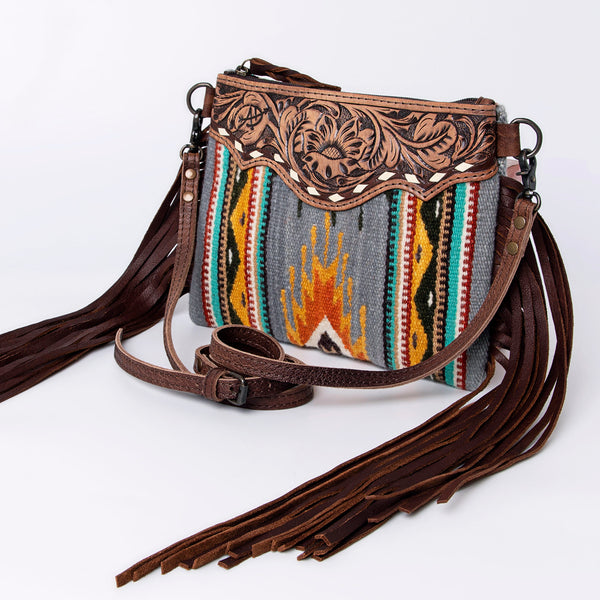 ADBG236 American Darling Hand-Tooled Floral Cross body Bag with Woven Saddle Blanket & Fringes