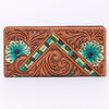 ADBG488 Artisan Genuine Leather Clutch with Tooled Floral Patterns and Braided Trim