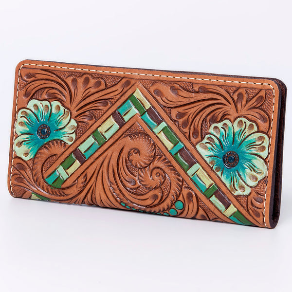 ADBG488 Artisan Genuine Leather Clutch with Tooled Floral Patterns and Braided Trim
