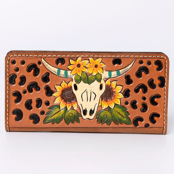 ADBG488 Artisan Genuine Leather Clutch with Tooled Floral Patterns and Braided Trim