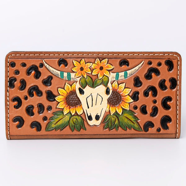 ADBG488 Artisan Genuine Leather Clutch with Tooled Floral Patterns and Braided Trim
