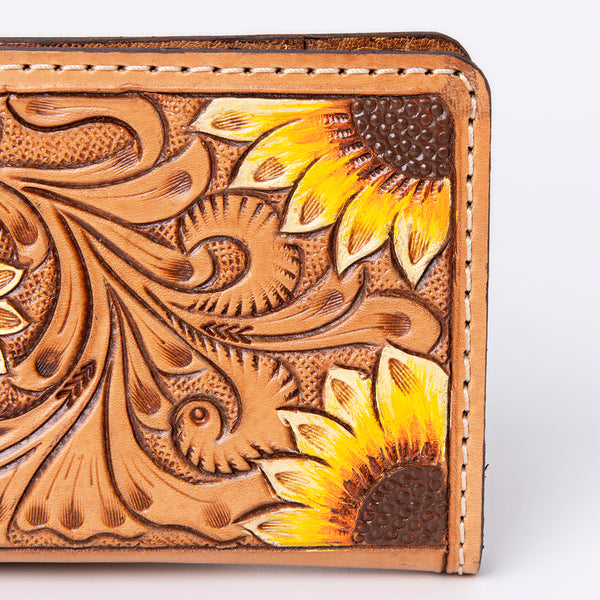 ADBG488 Artisan Genuine Leather Clutch with Tooled Floral Patterns and Braided Trim