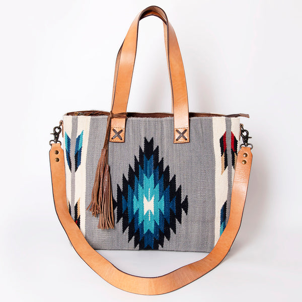 ADBG575 American Darling Hand Woven Saddle Blanket Western Leather Tote Bag with Tassels & Leather Strap