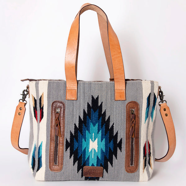 ADBG575 American Darling Hand Woven Saddle Blanket Western Leather Tote Bag with Tassels & Leather Strap