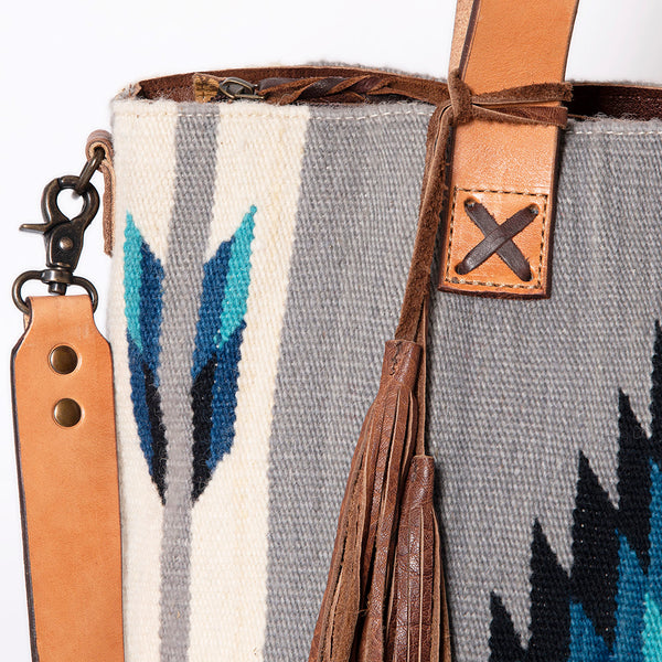 ADBG575 American Darling Hand Woven Saddle Blanket Western Leather Tote Bag with Tassels & Leather Strap