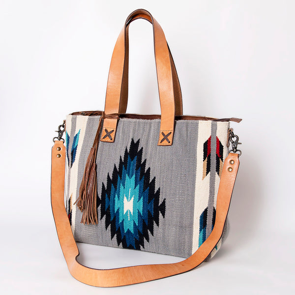 ADBG575 American Darling Hand Woven Saddle Blanket Western Leather Tote Bag with Tassels & Leather Strap
