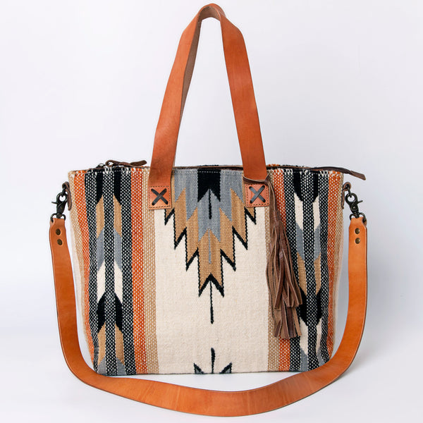 ADBG575 American Darling Hand Woven Saddle Blanket Western Leather Tote Bag with Tassels & Leather Strap