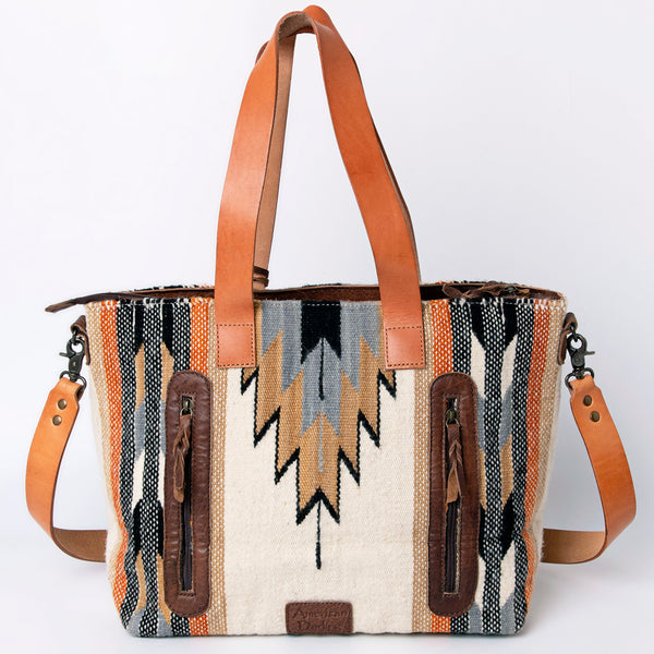 ADBG575 American Darling Hand Woven Saddle Blanket Western Leather Tote Bag with Tassels & Leather Strap