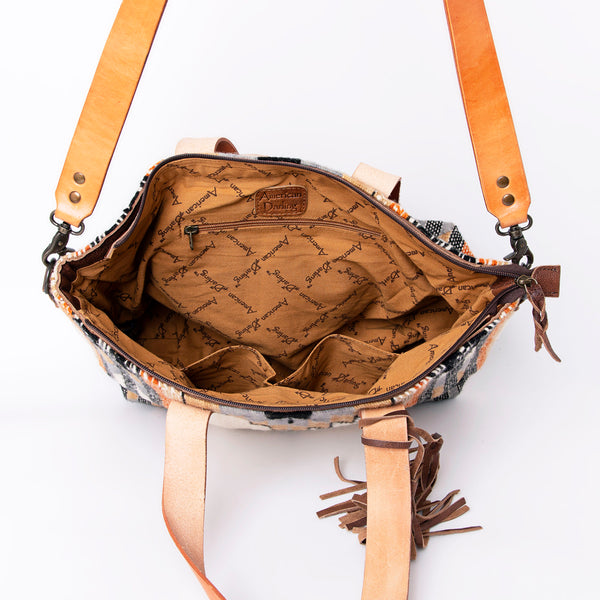 ADBG575 American Darling Hand Woven Saddle Blanket Western Leather Tote Bag with Tassels & Leather Strap