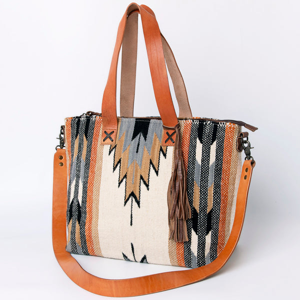 ADBG575 American Darling Hand Woven Saddle Blanket Western Leather Tote Bag with Tassels & Leather Strap
