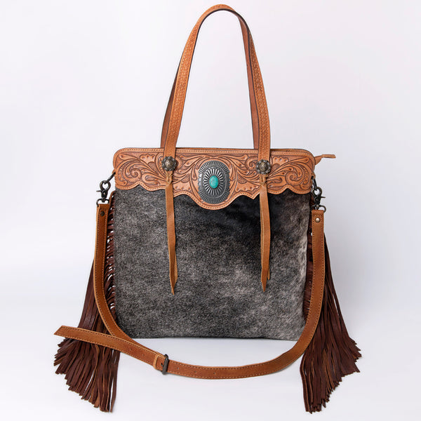 ADBG937 American Darling Western Leather Tote Bag with Hair-On Cowhide and Hand Tooled Floral