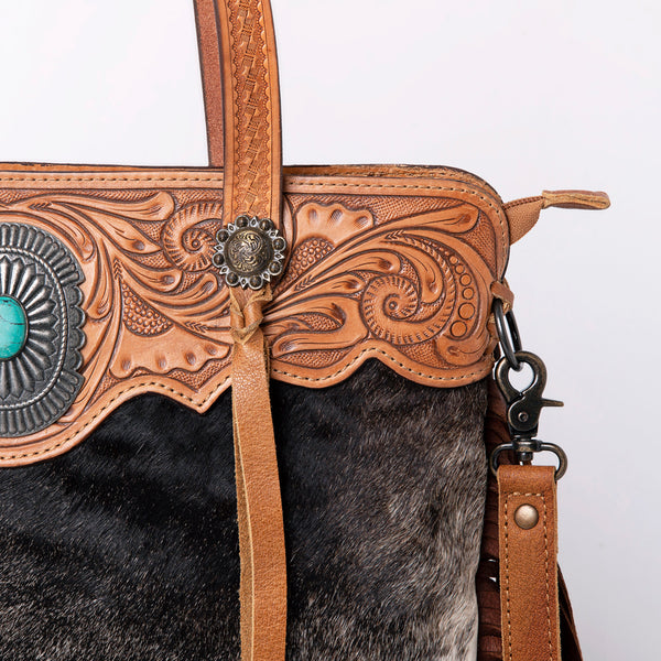 ADBG937 American Darling Western Leather Tote Bag with Hair-On Cowhide and Hand Tooled Floral