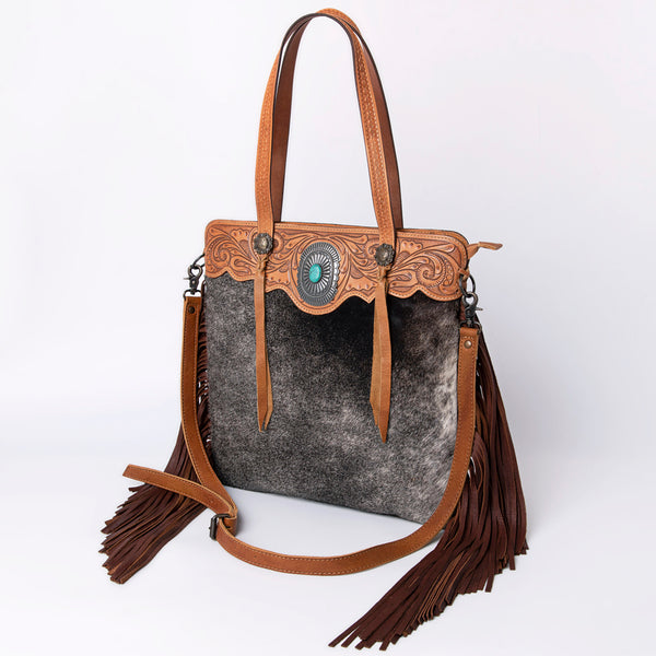 ADBG937 American Darling Western Leather Tote Bag with Hair-On Cowhide and Hand Tooled Floral