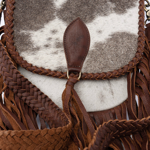 ADBGD129 American Darling Hair-On Cowhide Cross body Bag with Hand-Braided Detail & Fringes