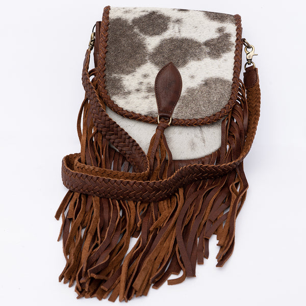 ADBGD129 American Darling Hair-On Cowhide Cross body Bag with Hand-Braided Detail & Fringes