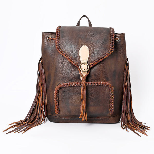 ADBGM275 Western Leather Backpack - Braided Trim, Fringe & Buckle Closure