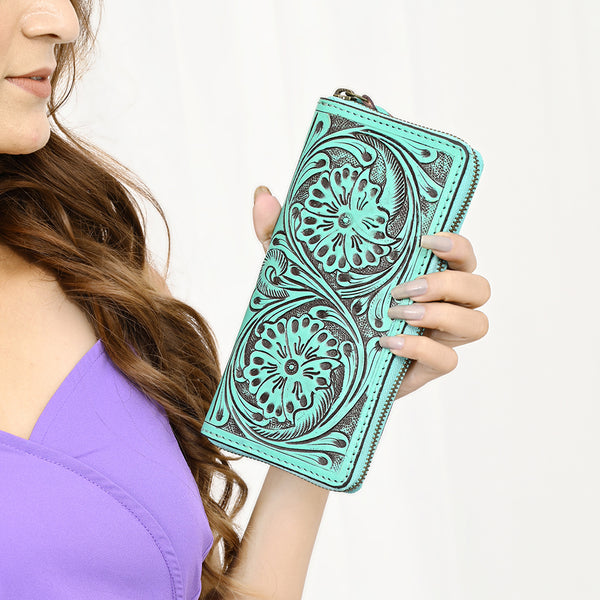 ADBGZ731 Hand Tooled Genuine Leather Floral Zip Organiser - Western Cowgirl Style