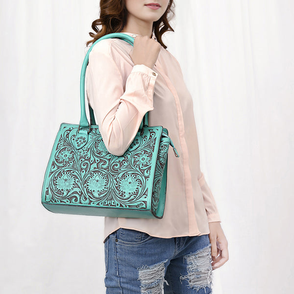 ADBGZ732 Turquoise Hand Tooled Leather Tote Bag - Western Floral Cowgirl Purse
