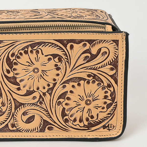 ADBGZ733 Natural Hand Tooled Leather Toiletry Bag - Western Floral Toiletry or Travel Case
