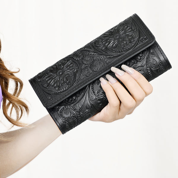 ADBGZ736D Black Hand Tooled Leather Tri-Fold Wallet - Western Cowgirl Floral Design
