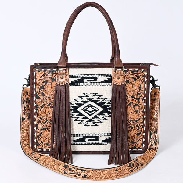 ADBG230 American Darling Hand Tooled Floral Western Leather Woven Saddle Blanket Tote Bag