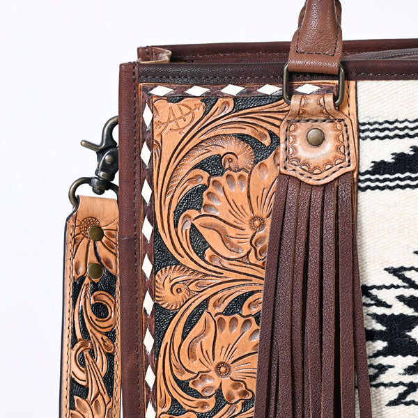 ADBG230 American Darling Hand Tooled Floral Western Leather Woven Saddle Blanket Tote Bag
