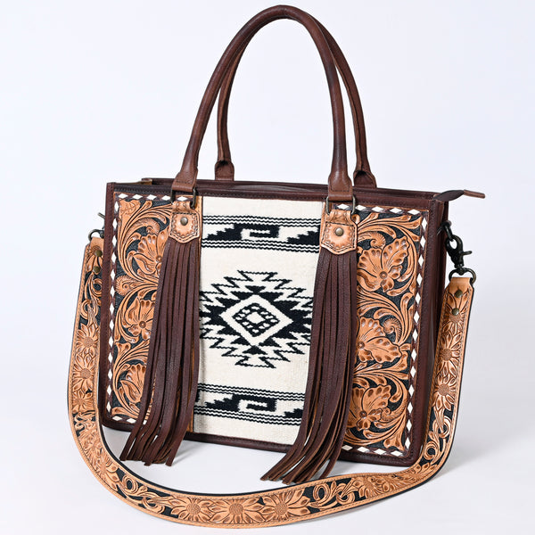 ADBG230 American Darling Hand Tooled Floral Western Leather Woven Saddle Blanket Tote Bag