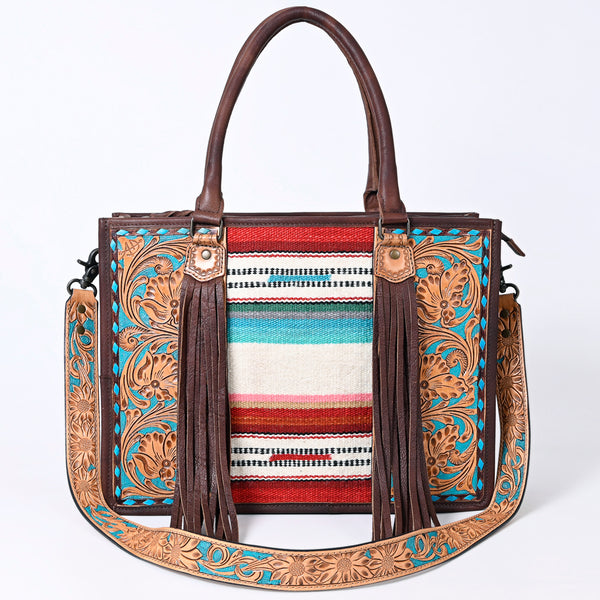 ADBG230 American Darling Hand Tooled Floral Western Leather Woven Saddle Blanket Tote Bag