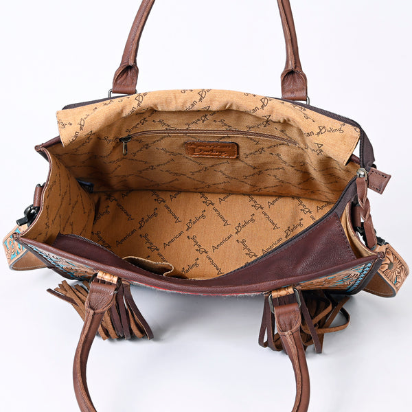 ADBG230 American Darling Hand Tooled Floral Western Leather Woven Saddle Blanket Tote Bag