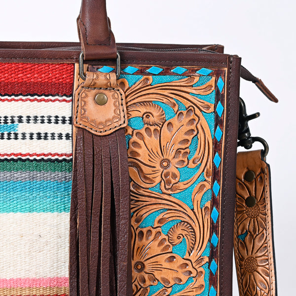 ADBG230 American Darling Hand Tooled Floral Western Leather Woven Saddle Blanket Tote Bag
