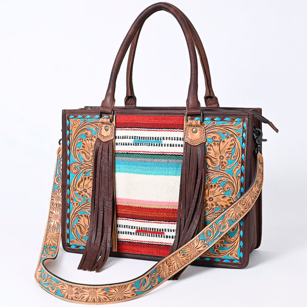 ADBG230 American Darling Hand Tooled Floral Western Leather Woven Saddle Blanket Tote Bag