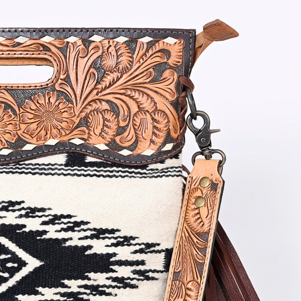 ADBGS146 Aztec Wool & Tooled Leather Shoulder Bag - Western Fringe Crossbody