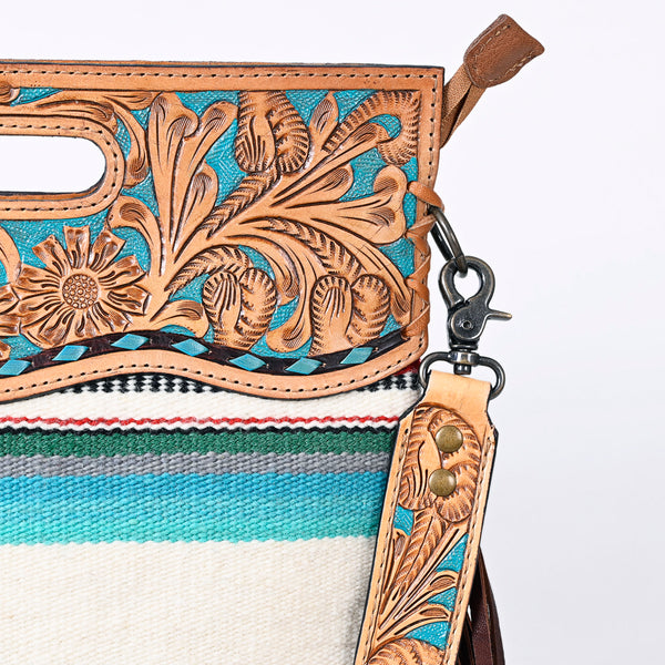 ADBGS146 Serape Wool & Turquoise Tooled Leather Crossbody - Fiesta Fringe Edition