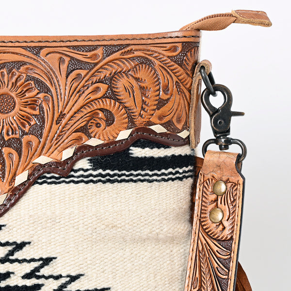 ADBGS192 Wool Large Crossbody Bag with Tooled Leather Yoke, Fringe & Western Strap - Boho Western Purse