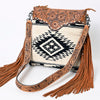ADBGS192 Wool Large Crossbody Bag with Tooled Leather Yoke, Fringe & Western Strap - Boho Western Purse