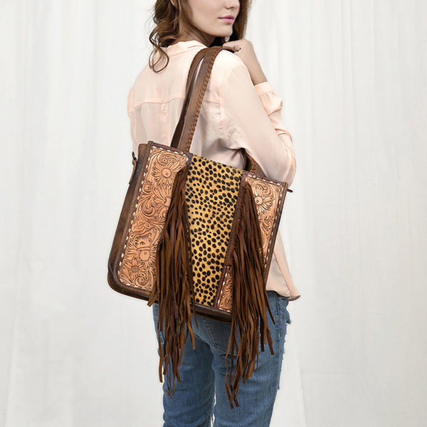 ADBG1086 American Darling Hair-on Cowhide Tote Bag with Hand-Tooled Leather and Fringes
