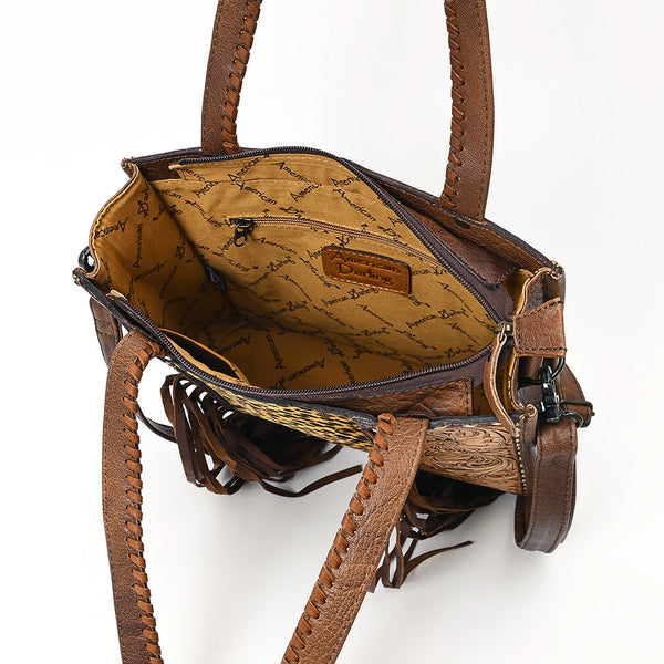 ADBG1086 American Darling Hair-on Cowhide Tote Bag with Hand-Tooled Leather and Fringes