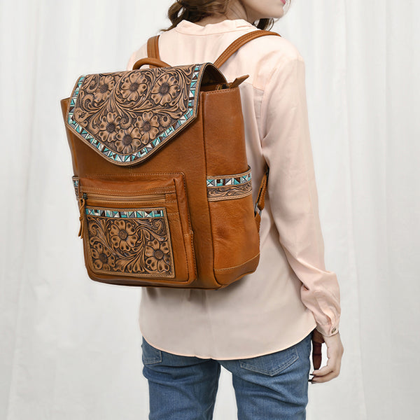 ADBG1093 American Darling Western Leather Backpack with Hand-Tooled Floral Carving