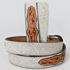 ADBLF203 White Hair-On Cowhide Belt with Classic Floral Tooled Leather and Silver Western Buckle