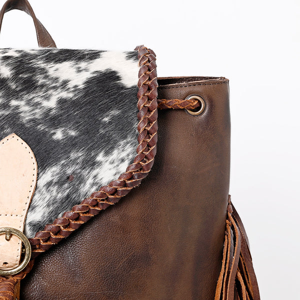 LC-ADBGM275B Cowhide Western Leather Backpack - Braided Trim, Fringe & Buckle Flap