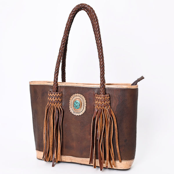 ADBGM315 Western Leather Tote Bag - Braided Handles, Fringe Accents & Turquoise Concho