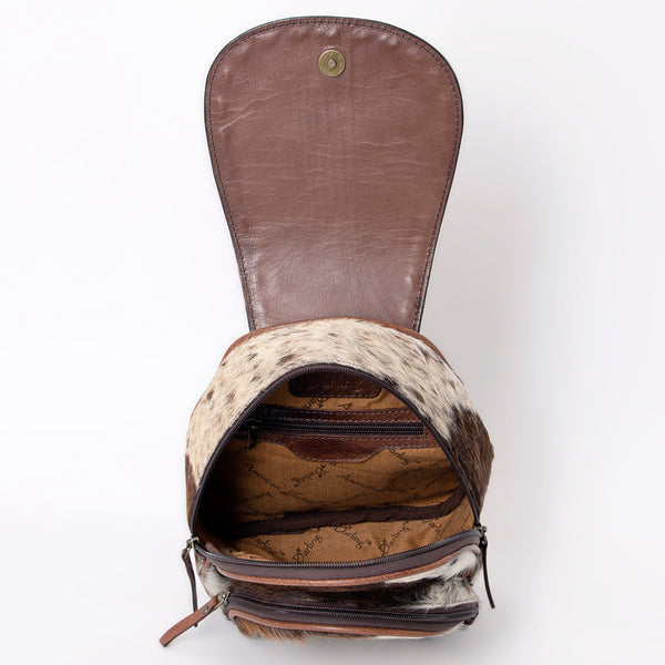 ADBG1102 American Darling Western Leather Mini Backpack with Hair-On Cowhide & Tooled Floral Flap