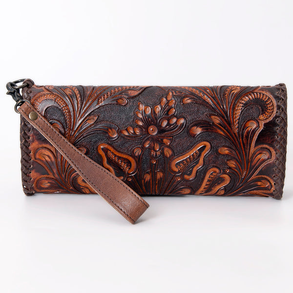ADBG1106 American Darling Hand-Tooled Leather Western Wristlet Handbag Genuine Leather Floral Carved Wristlet