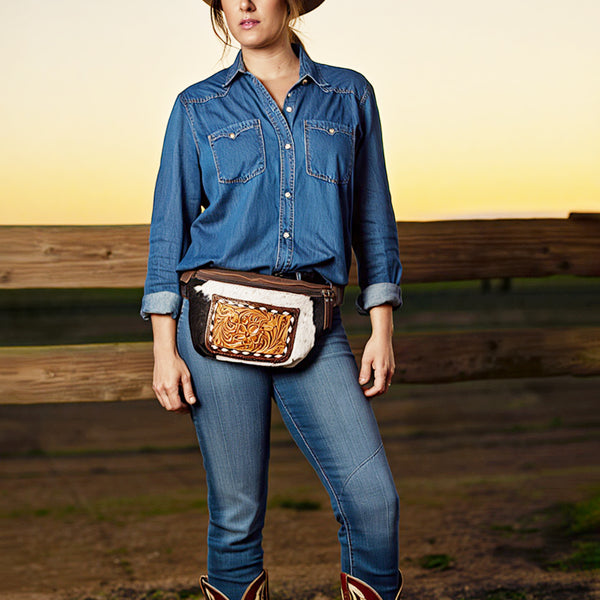 ADBG1110 American Darling Hair-On Cowhide Western Fanny Pack Genuine Leather Hand-Tooled Belt Bag