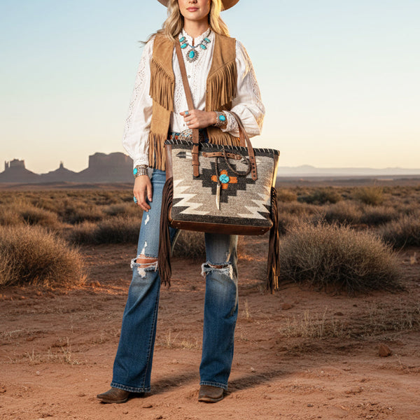 ADBG1113 American Darling Hand-Woven Saddle Blanket Western Tote Bag Genuine Leather Fringe Purse