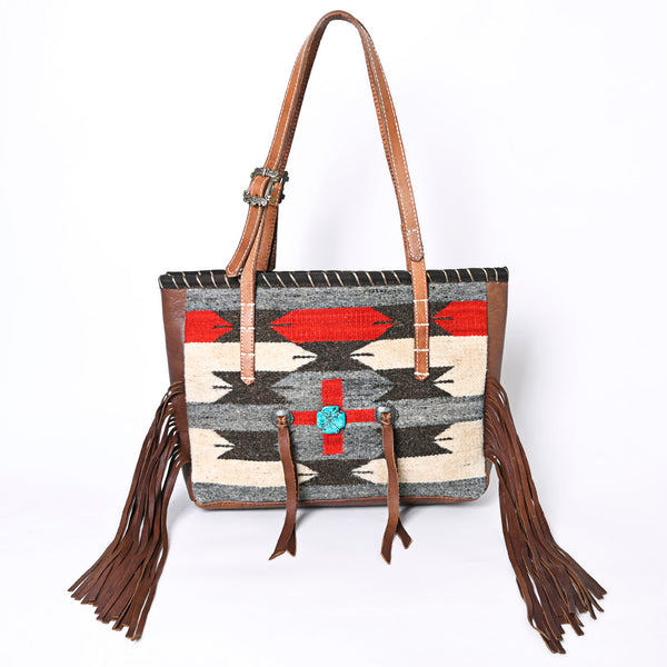 ADBG1115 American Darling Western Leather Tote Bag with Fringe & Handwoven Saddle Blanket Panel