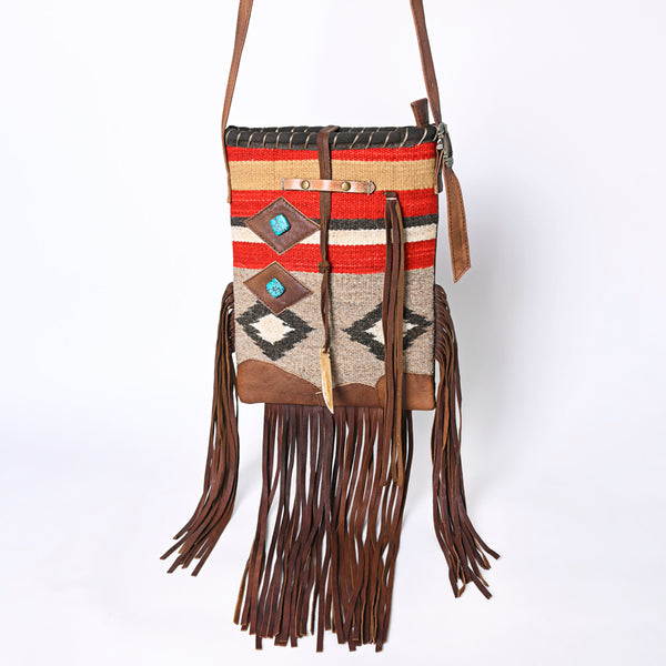 ADBG1116 American Darling Western Leather Crossbody Bag with Fringe & Handwoven Saddle Blanket